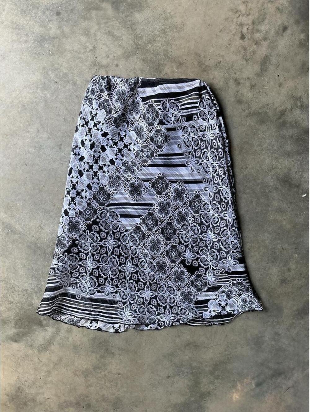 Y2K Black Gray Patchwork Print Bias Midi Skirt | Boho Fairy Grunge